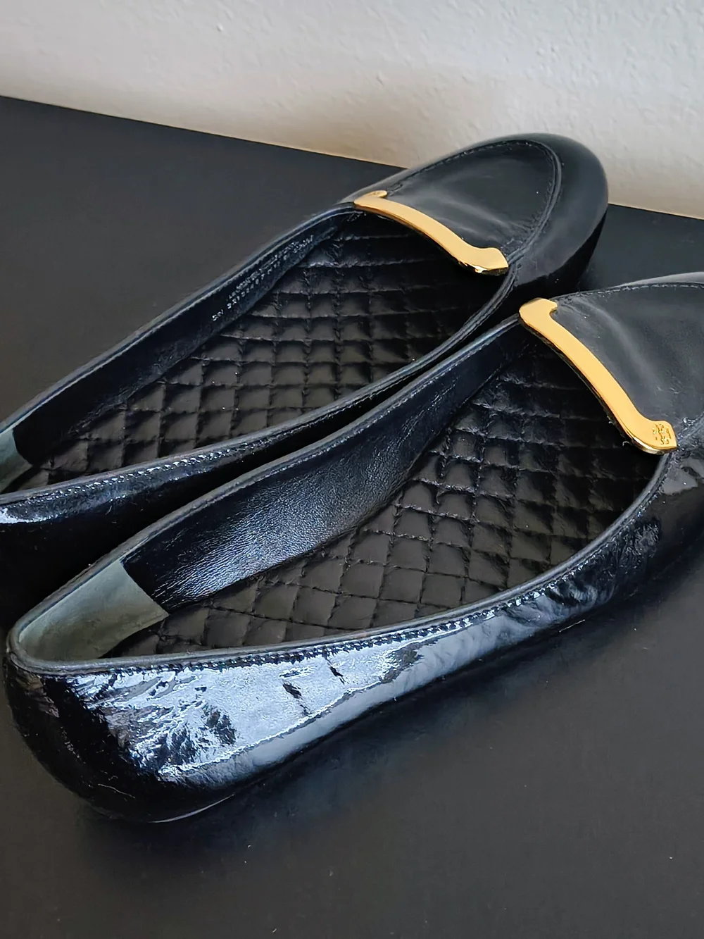 Tory Burch Women’s Black Patent Leather Loafers with Gold Accent